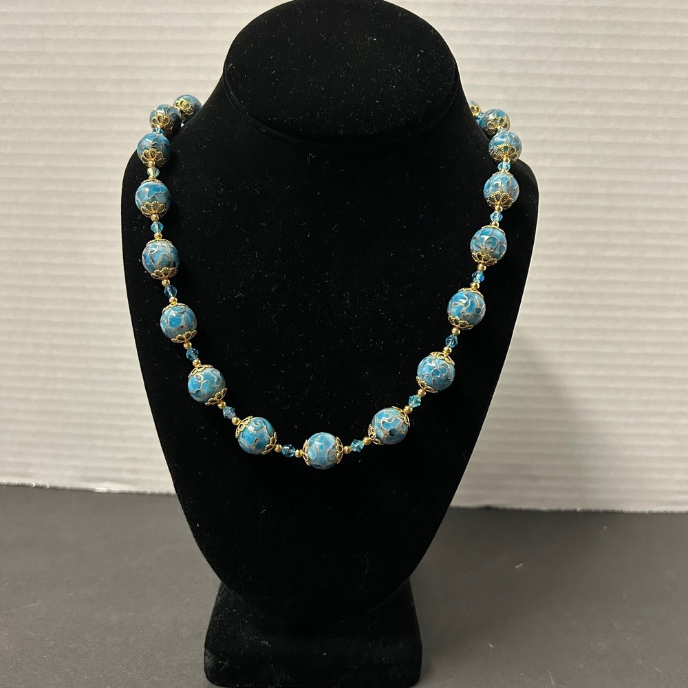 Artisan Necklace Blue Enamel Cloisonne Filigree Beaded Statement 20in